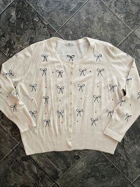 TU Women’s Cream Whimsical Bow Dot Print Button Cardigan Cottagecore Sweater